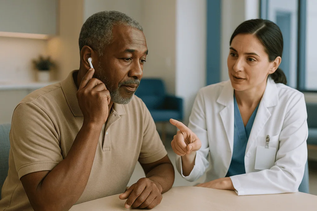 Doctor consulting patient about hearing aids in clinical setting: Can AirPods really work as a hearing aid?