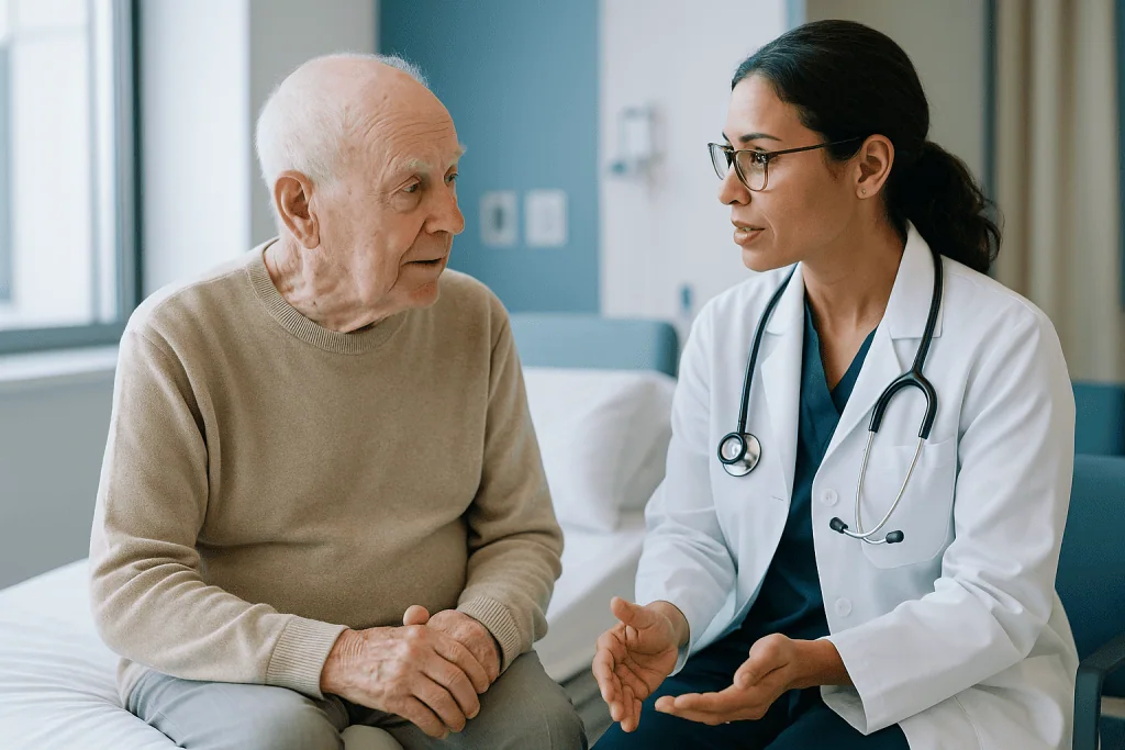 Doctor and elderly patient in consultation, no surgery or gallbladder focus: Can an 80 year old have gallbladder surgery?