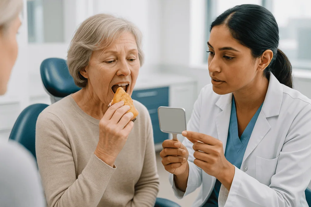 Elderly patient eating sandwich while dentist holds mirror: Can composite bonding be repaired, or does it need replacing?