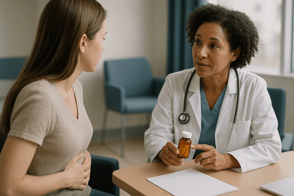 Doctor consulting pregnant patient about medication in clinic: Can CoQ10 help you get pregnant? What the evidence actually s