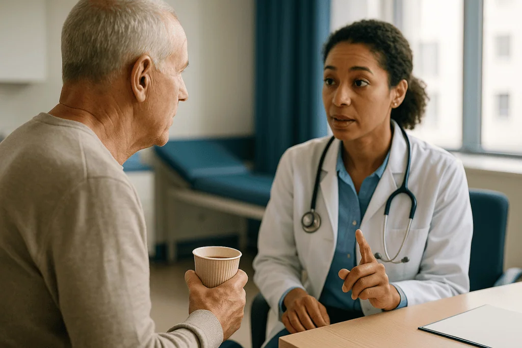 Doctor consulting with older male patient over coffee: Can hepatitis C come back? Relapse, reinfection and the antibody that