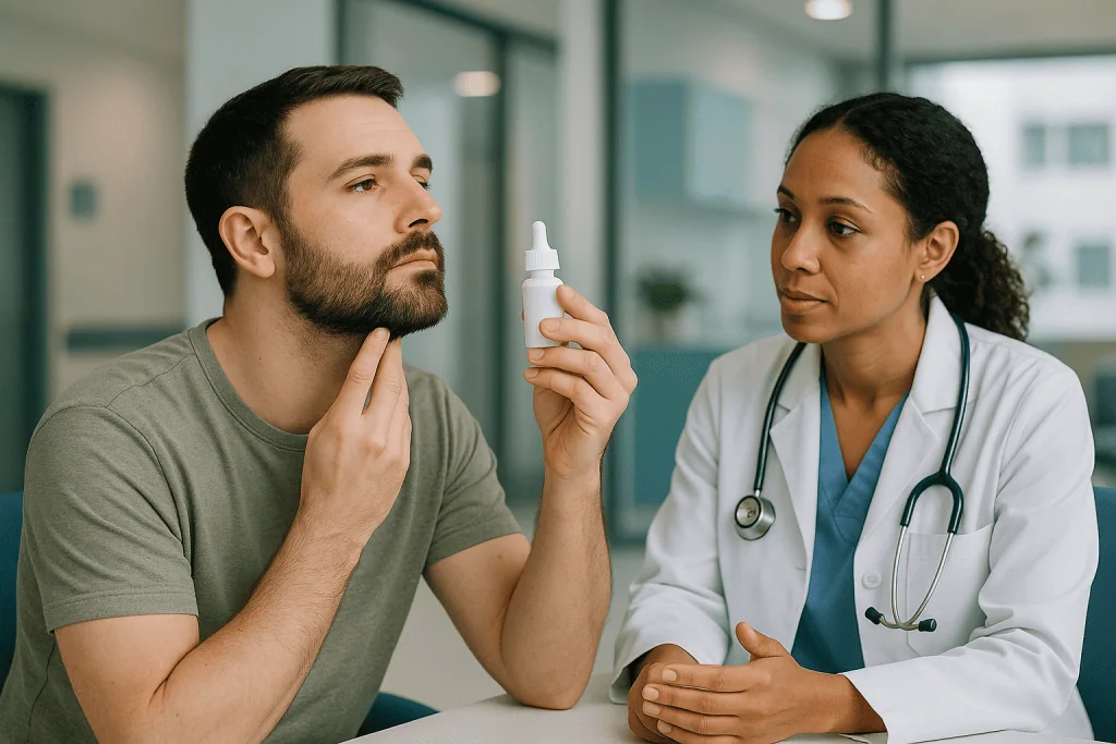 Doctor consulting male patient about medication in clinic: Can minoxidil actually grow a beard? What the evidence actually s