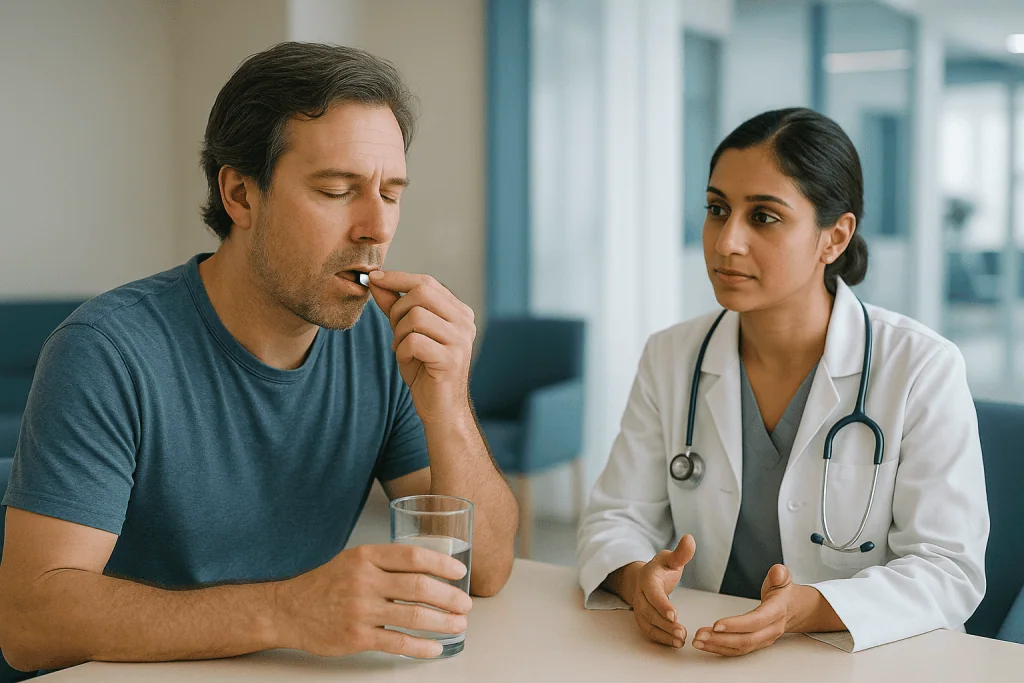 Doctor consulting male patient about medication: Can minoxidil pills be used to treat hair loss?