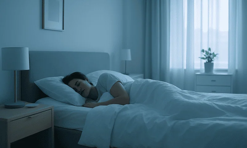 Young woman sleeping peacefully in a modern bedroom with blue tones.