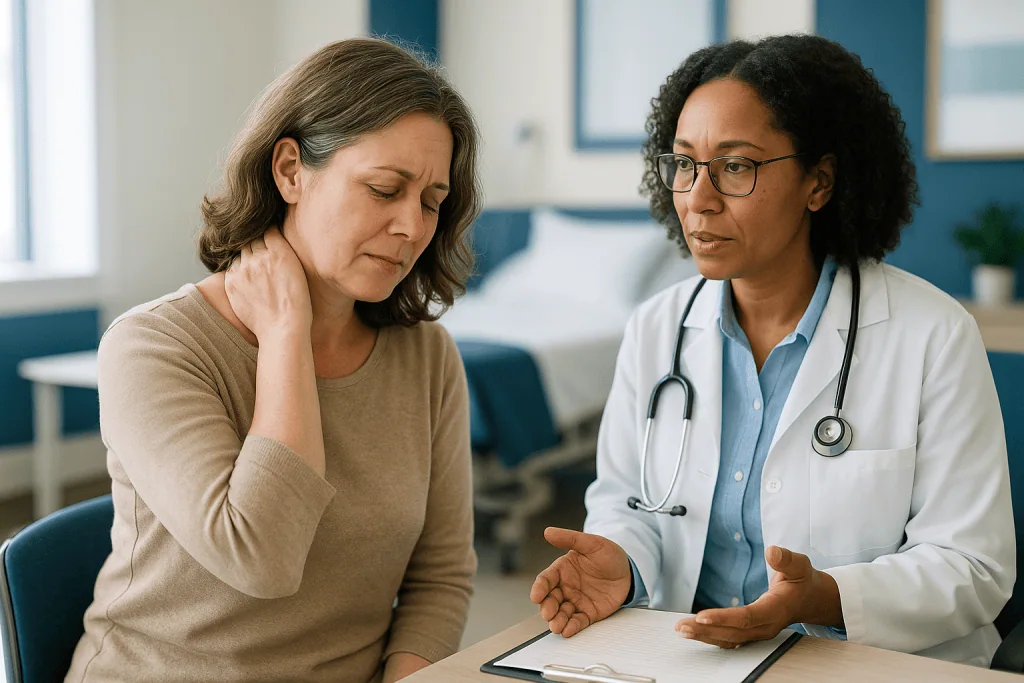 Doctor consulting with patient about health concerns: Can women get ankylosing spondylitis? Yes, and they often wait longer