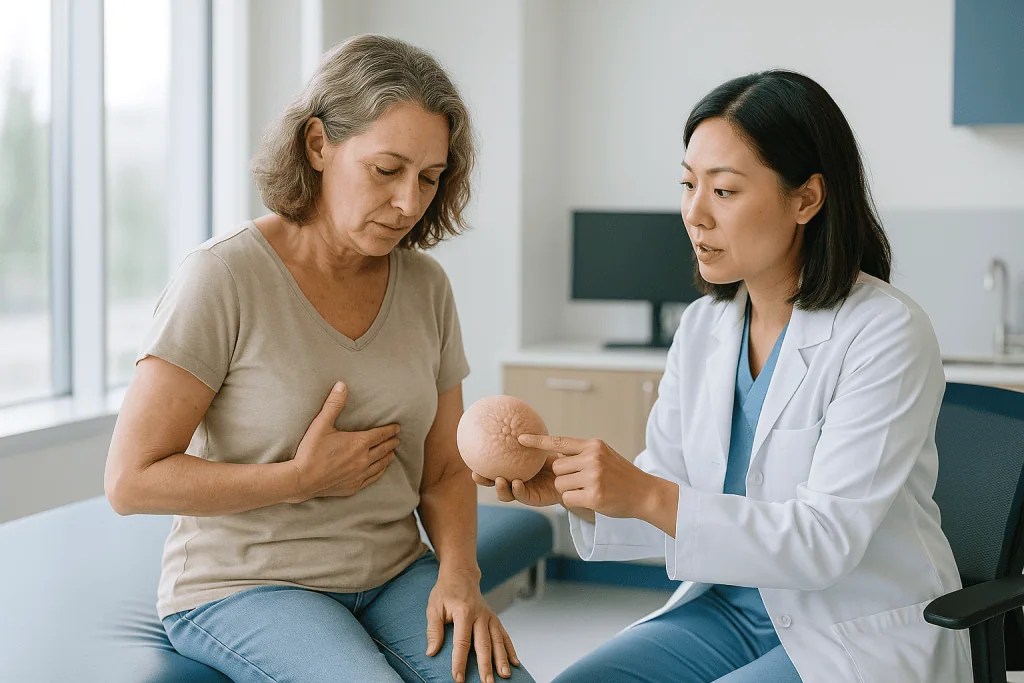 Doctor showing silicone implant model to mature female patient: Capsular contracture after reconstruction: what it is and ho