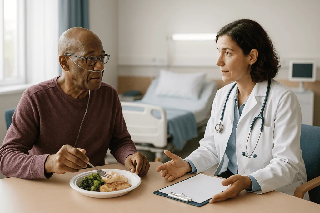 Doctor consulting with patient about meal during hospital visit: CAR T cell therapy recovery: what the first 30 days usually
