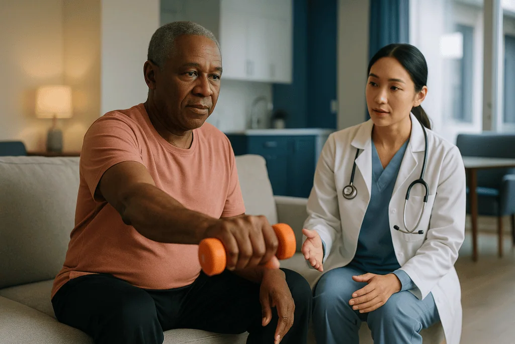 Older patient exercising with dumbbells during medical consultation: Cardiac rehab exercises at home: a realistic week