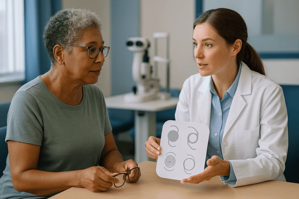 Ophthalmologist consulting patient about vision test results: Cataract lens types explained: monofocal, toric, multifocal an