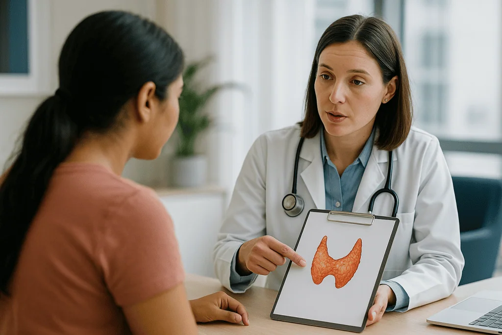 Doctor consulting patient about thyroid disorder diagram: Cause 2: Thyroid disorders, both overactive and underactive