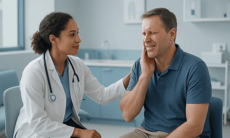 Doctor examines patient's jaw pain in a medical consultation room.