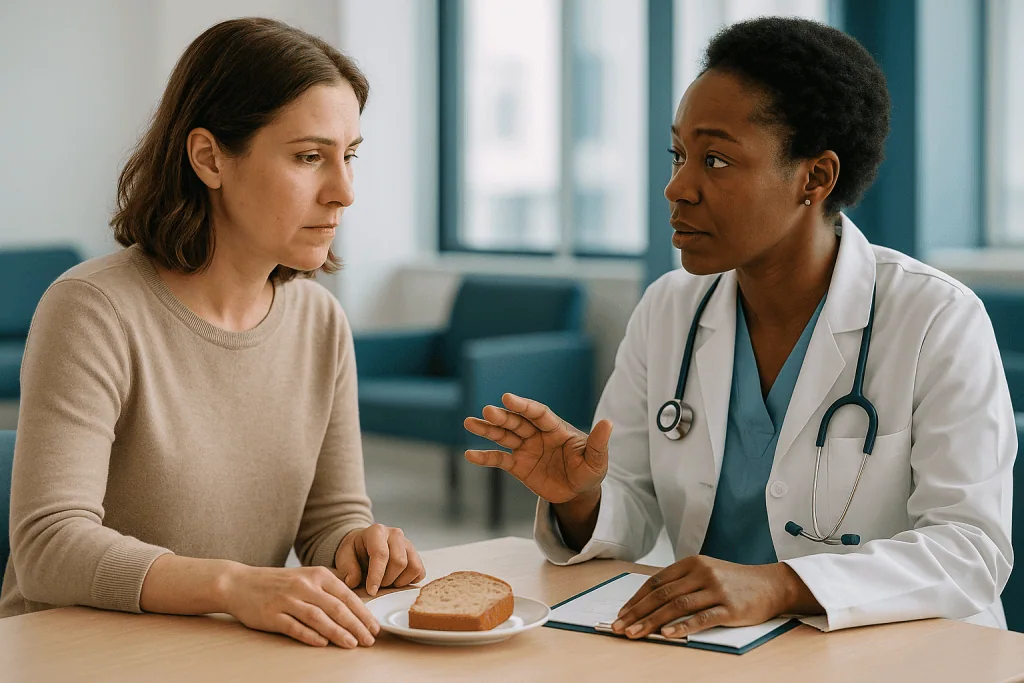 Doctor consulting patient about bread and gluten: Celiac disease myths: can celiacs eat a little gluten?