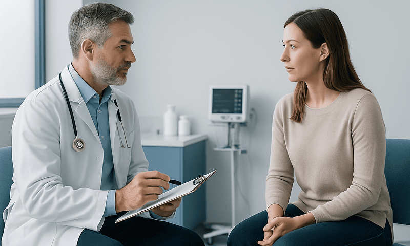 Doctor consulting with a patient in a medical office setting.
