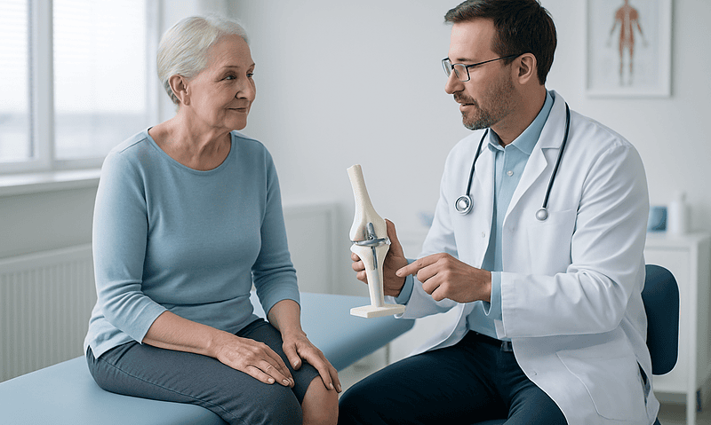 Blog 1 Orthopedic doctor explaining knee replacement to elderly woman in clinic.