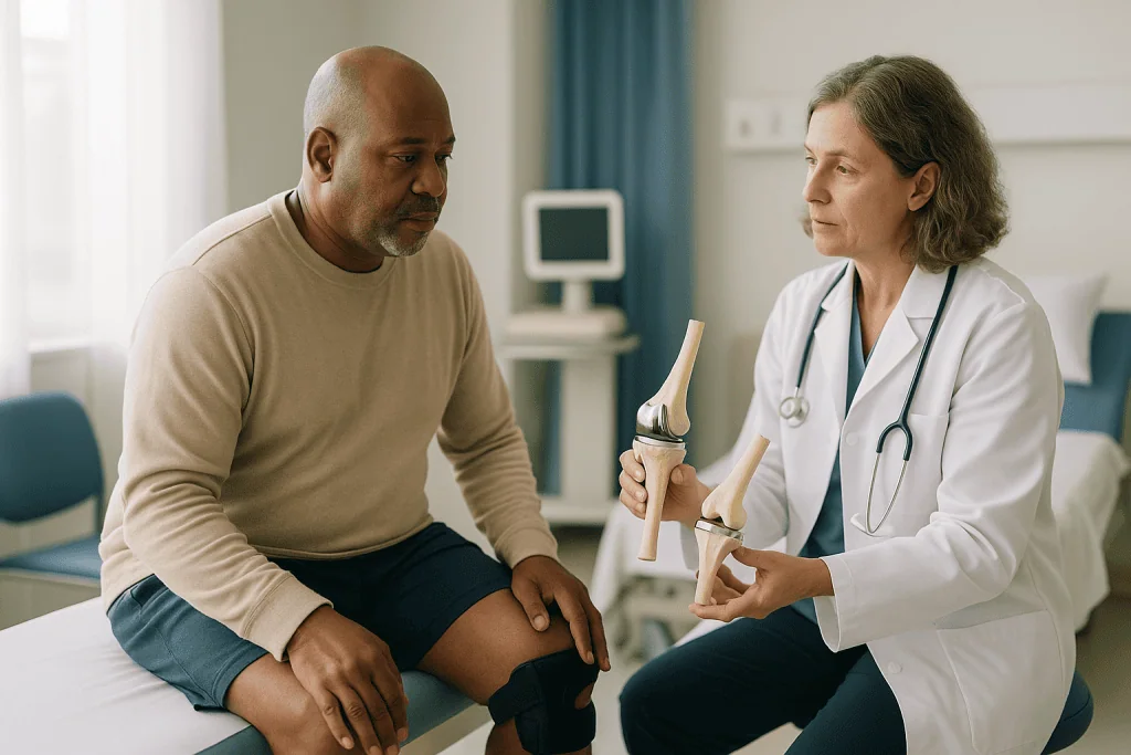 Doctor discussing knee implant model with patient: Cemented vs cementless knee replacement: how each method actually works