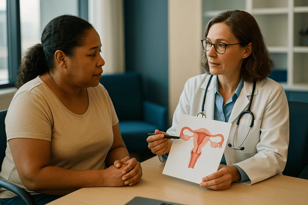 Doctor explaining cervical cancer treatment options to patient: Cervical cancer treatment by stage: a plain-language map