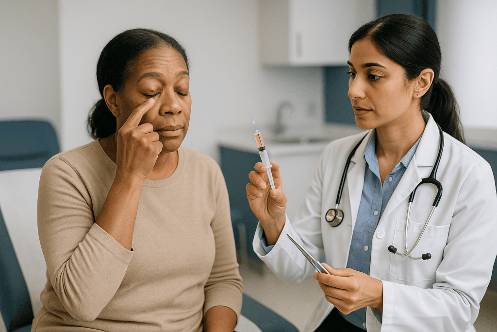 Doctor showing syringe to adult patient in clinic: Chalazion injection vs surgery: what each procedure involves
