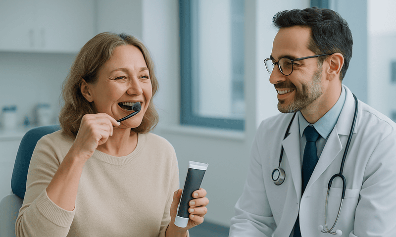 Dentist and patient smiling during dental check-up at clinic.
