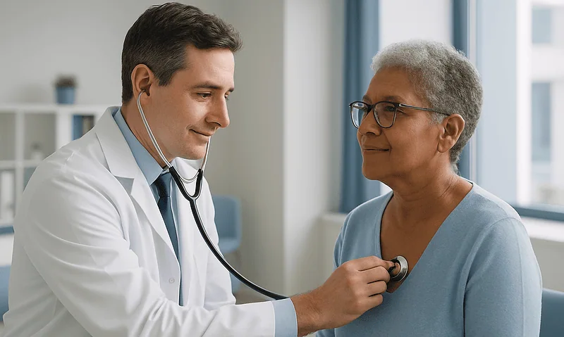 Doctor using stethoscope on elderly woman in medical consultation.