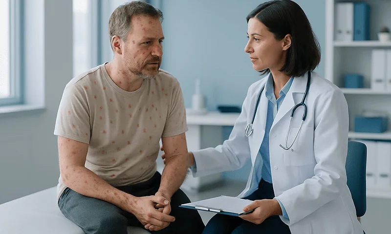 Doctor consulting with adult patient in a medical office setting.
