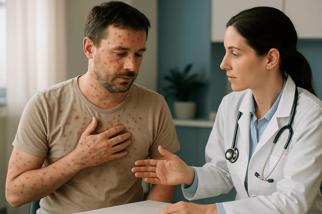 Adult patient with rash consulting female doctor: Chickenpox symptoms in adults: what the illness looks like
