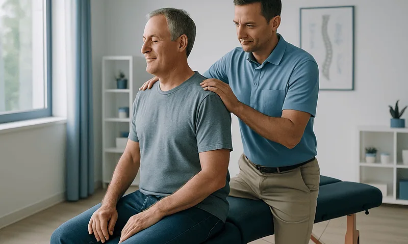 Chiropractor providing treatment to a patient in a modern clinic setting.