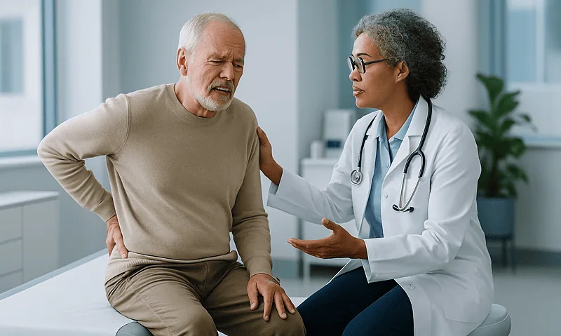 Doctor consulting with an elderly patient about pain management.