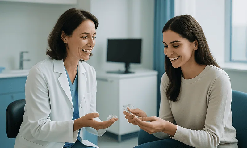 Dental professional explaining clear aligners to a patient in a clinic.