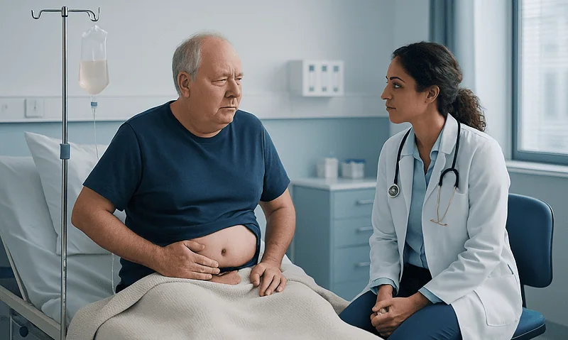 Cloudy Fluid, Belly Pain or Exit-Site Redness on Peritoneal Dialysis: Why Not to Wait 4 Doctor consulting with a patient on peritoneal dialysis in hospital room.