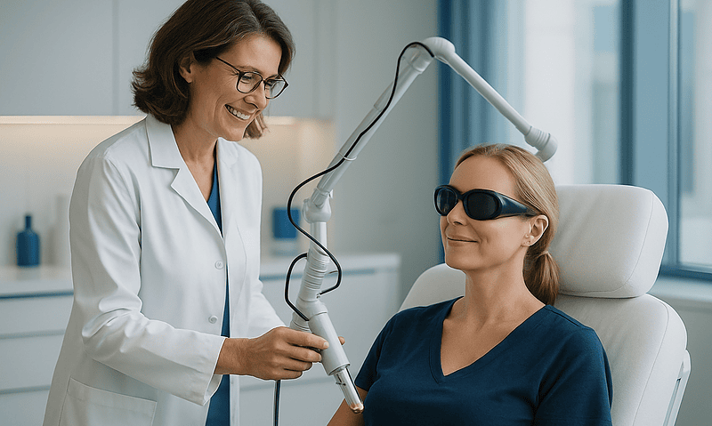 Medical professional performing laser treatment on patient with eye protection.