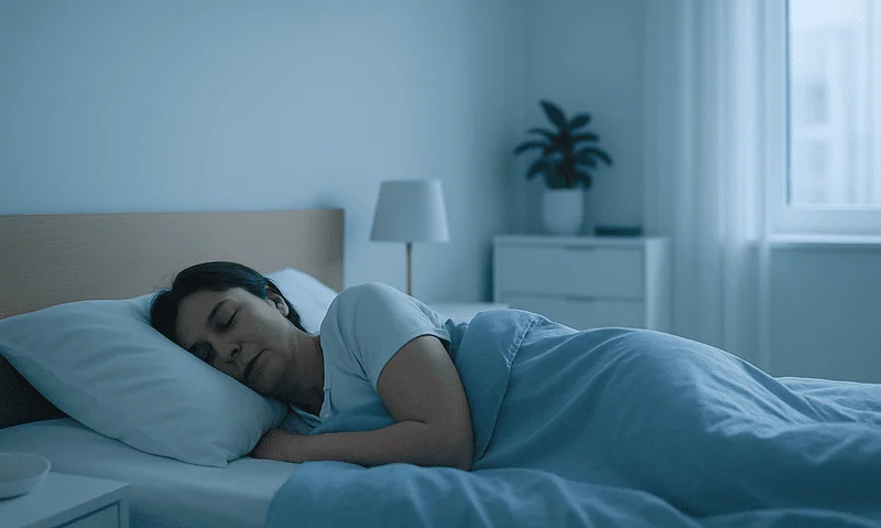 Woman sleeping peacefully in a modern bedroom with natural light.