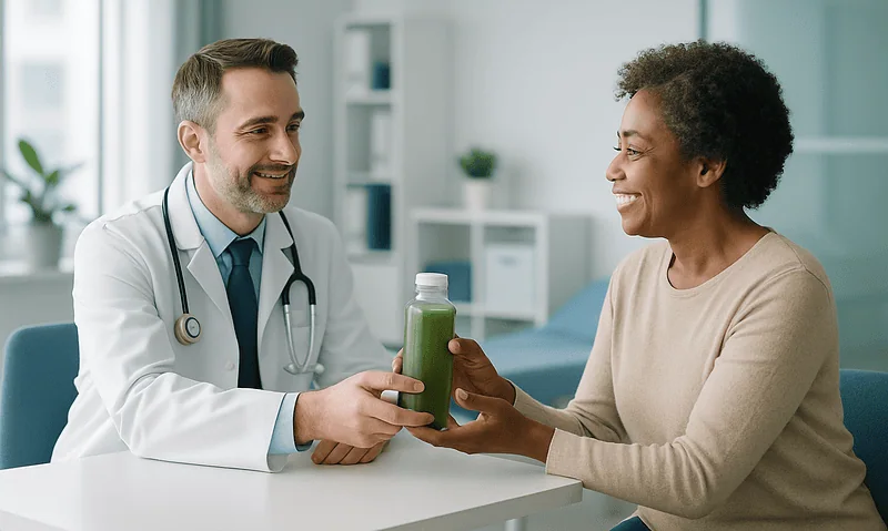 Doctor giving green juice to patient in a medical consultation room.