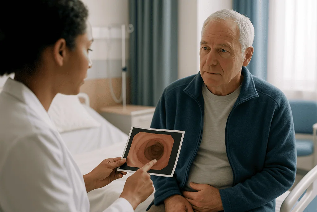Doctor showing colonoscopy imaging results to older patient: Colonoscopy after colon resection: why the one-year exam matter