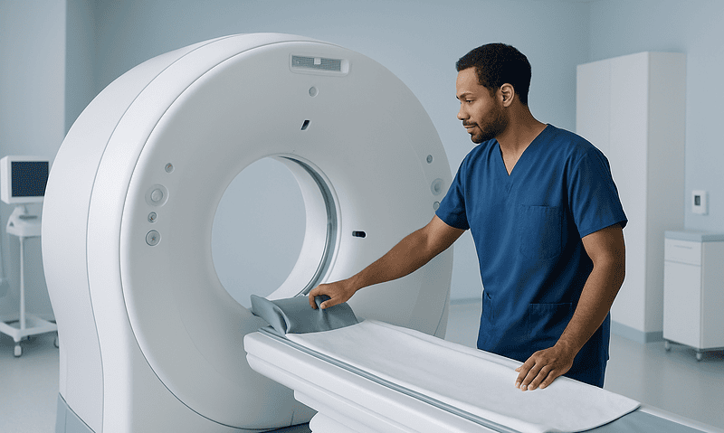 Medical professional preparing a CT scan machine in a hospital setting.