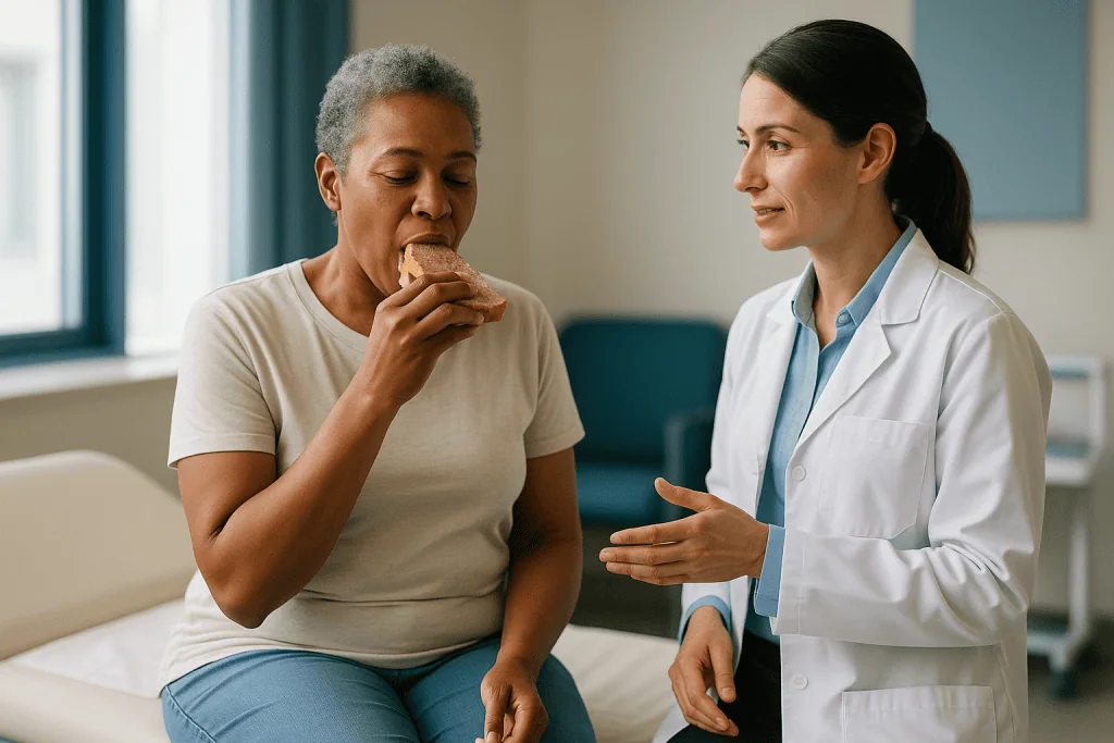Patient eating sandwich while consulting with doctor: Comfort: how the numbing works and how long tumescent lidocaine lasts