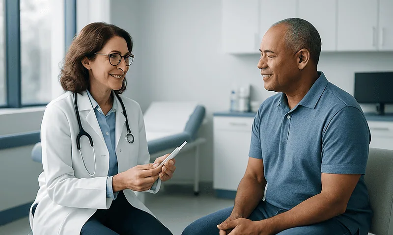 Doctor consulting with a patient in a modern medical office.