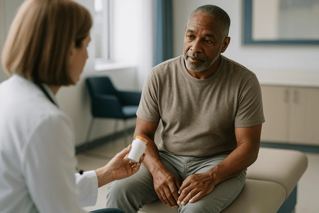 Healthcare provider consulting with male patient in clinic: CoQ10 and statins: does it relieve statin muscle aches?