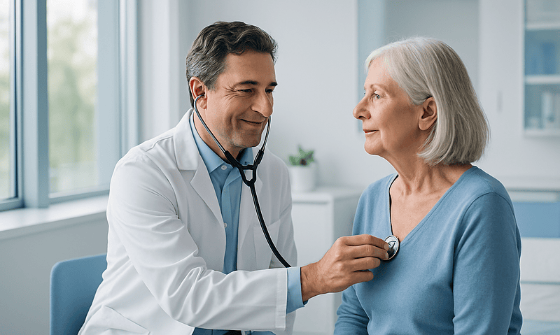 Doctor examining elderly woman with stethoscope in clinic setting.