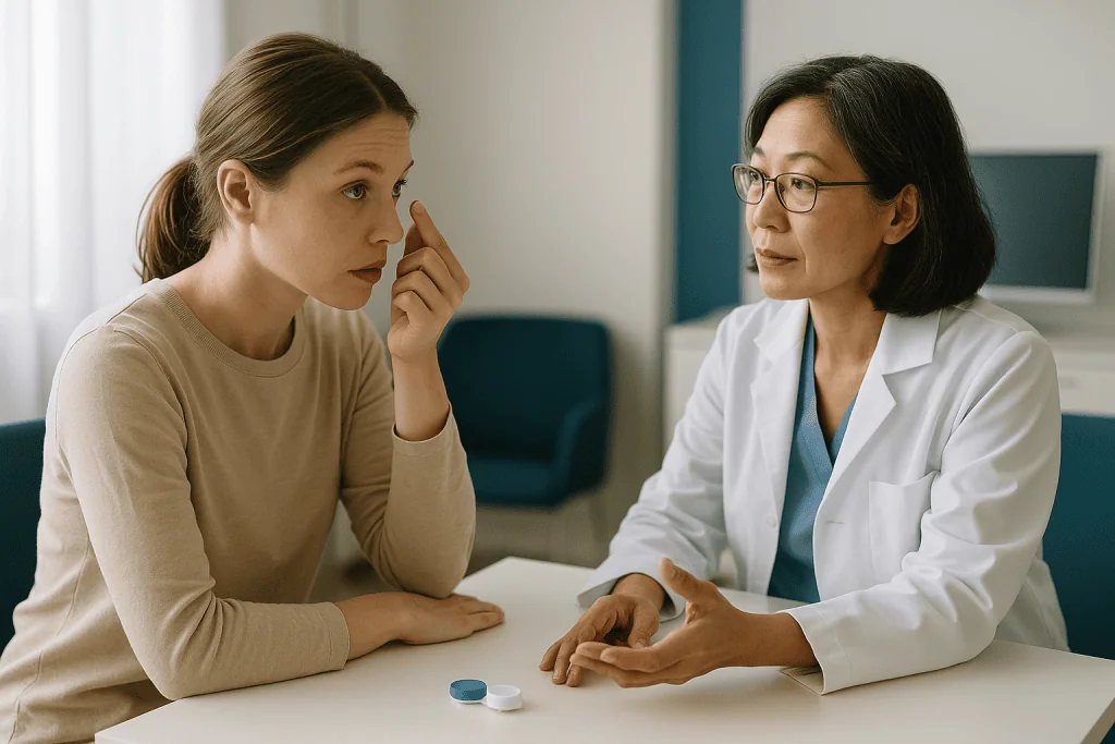 Doctor consulting with patient in clinical office setting: Corneal warpage from contacts: how a lens molds living tissue