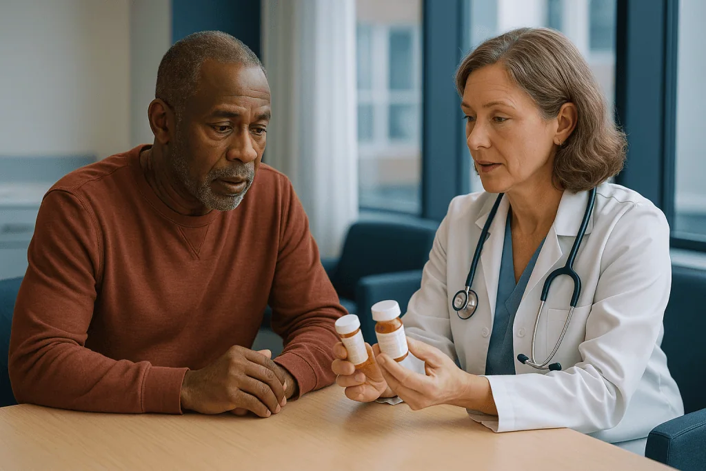 Doctor consulting patient about medication bottles: Corticosteroids vs anabolic steroids: why one word covers two opposites