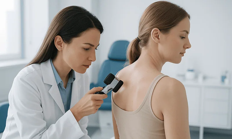Doctor examining a woman's neck with a medical device at Acibadem Hospitals.
