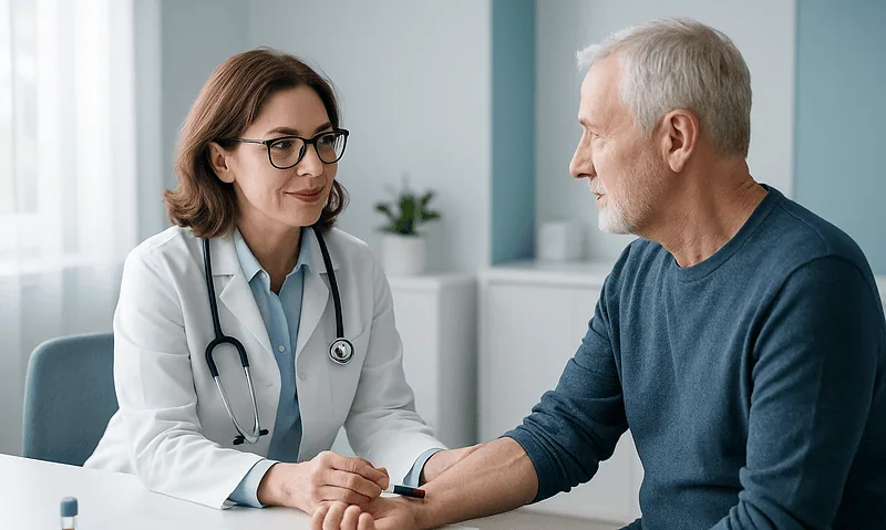 Doctor consulting with an elderly male patient in a medical office.