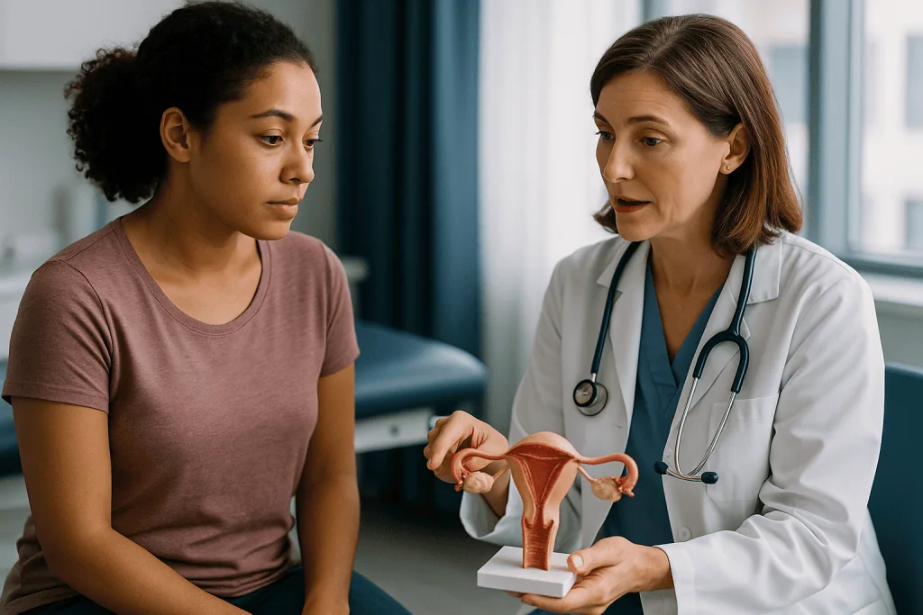 Female doctor consulting patient about reproductive anatomy model: Cystectomy or oophorectomy: what is being removed?