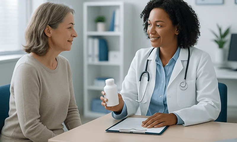 Doctor explaining D-Mannose supplement to patient for UTIs.