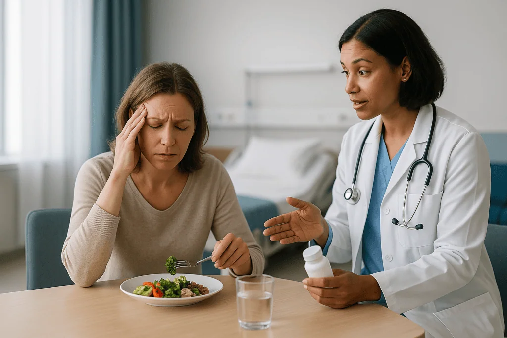 Doctor consulting patient about diet and medication: Daily disability: the outcome that matters most, and the one people for
