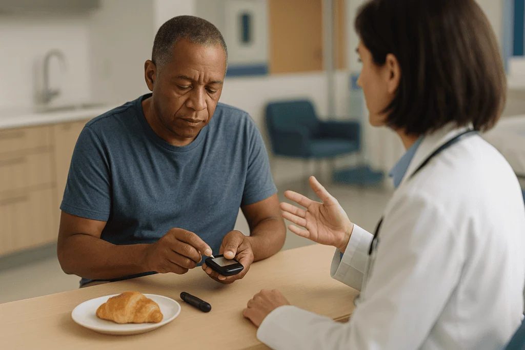 Patient showing blood glucose meter to female doctor: Dawn phenomenon vs Somogyi effect: how to tell them apart