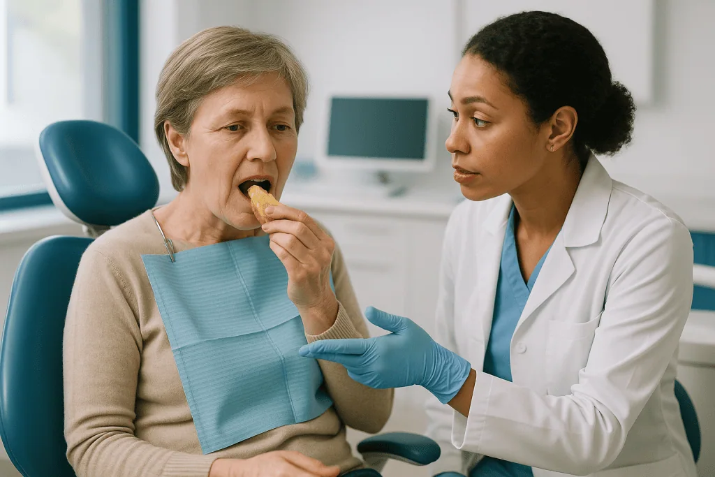 Dentist examining patient in dental office setting: Decay repair in the supporting teeth: dental bridge preparation steps yo