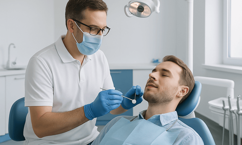 Dentist performing dental exam on patient in clinic.