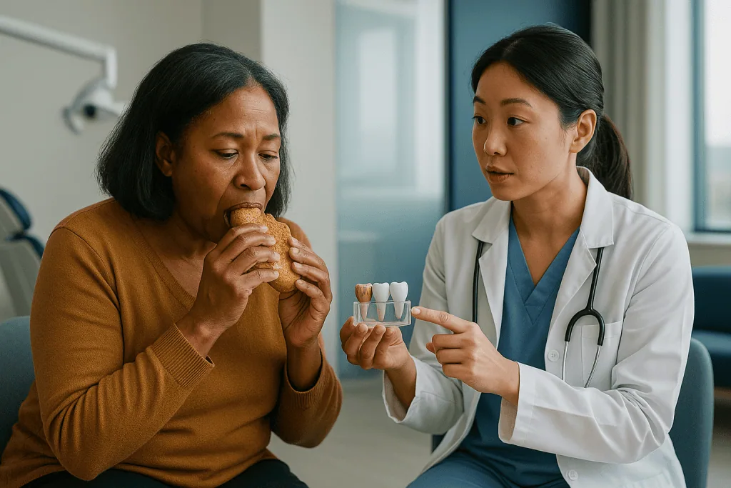 Female dentist showing dental crown model to older patient: Dental crown materials compared: what each choice means for your