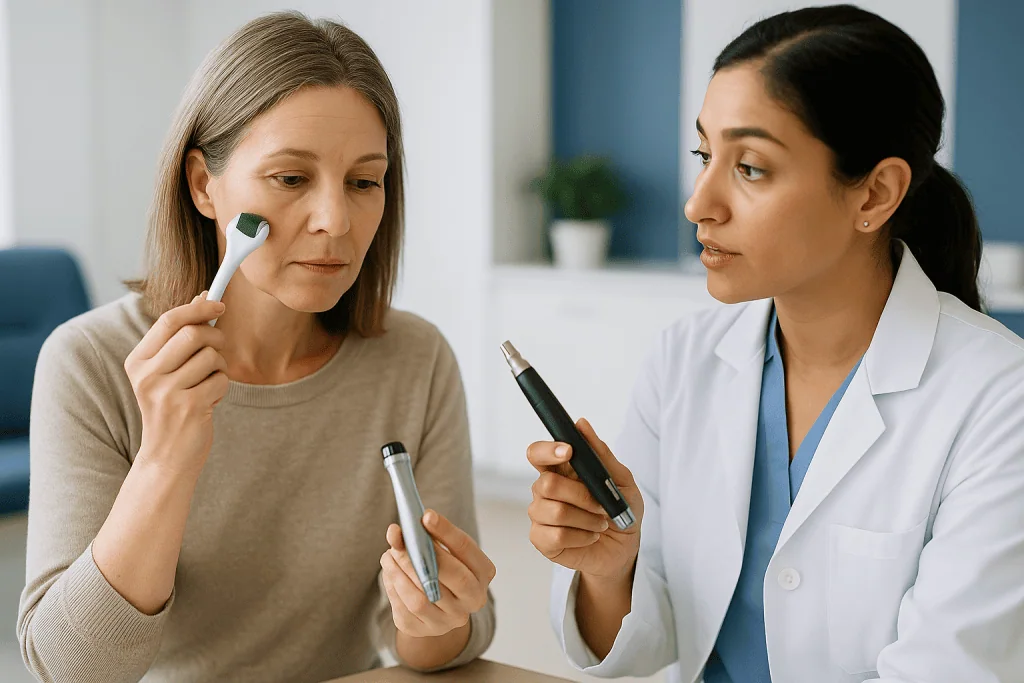 Medical professional consulting patient about skin treatment device: Derma roller vs microneedling pen: does the tool matter